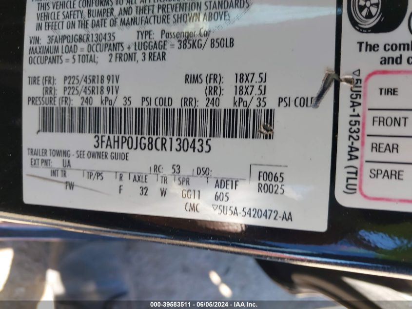 2012 Ford Fusion Sel VIN: 3FAHP0JG8CR130435 Lot: 39583511