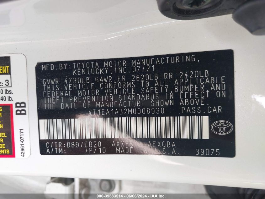 2021 Toyota Avalon Xse Hybrid VIN: 4T1EA1AB2MU008930 Lot: 39583514