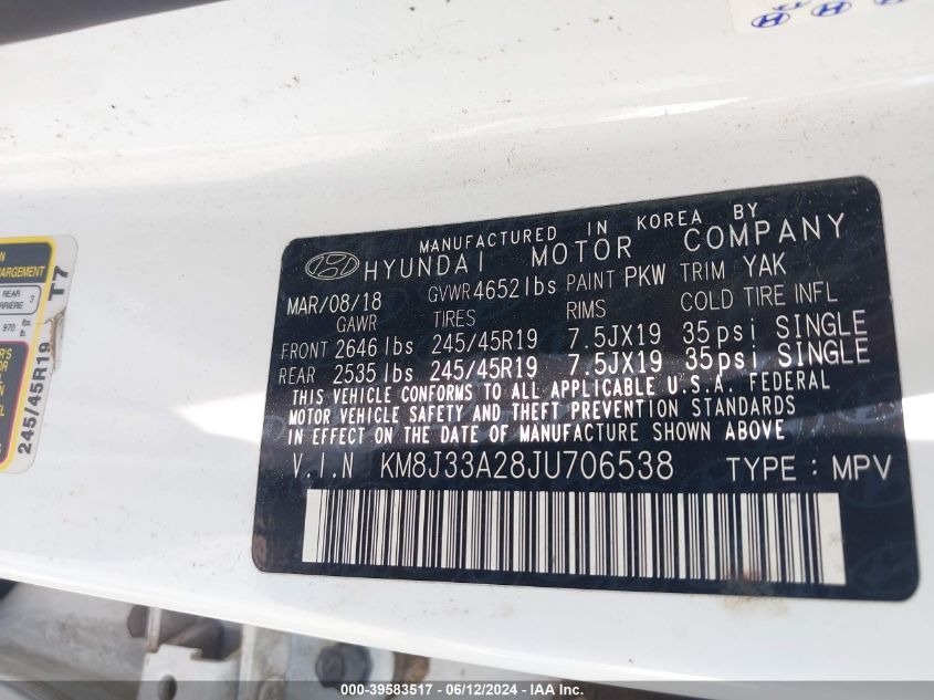 2018 Hyundai Tucson Value VIN: KM8J33A28JU706538 Lot: 39583517