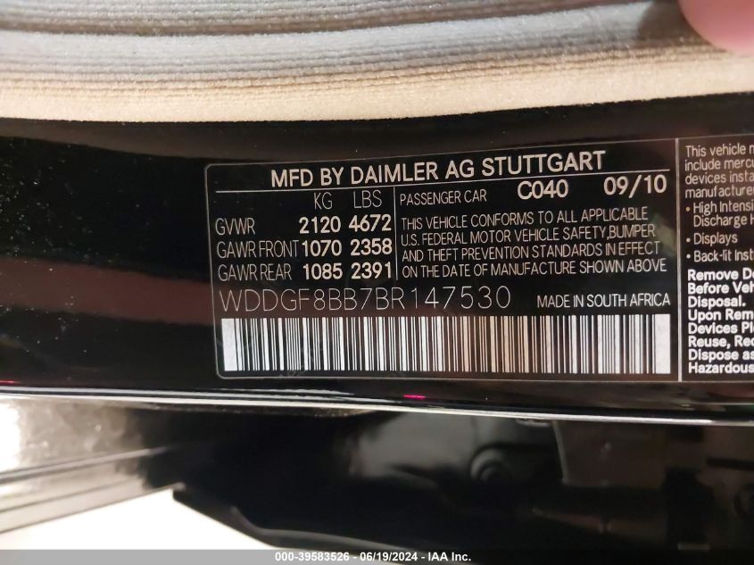 2011 Mercedes-Benz C 300 Luxury 4Matic/Sport 4Matic VIN: WDDGF8BB7BR147530 Lot: 39583526