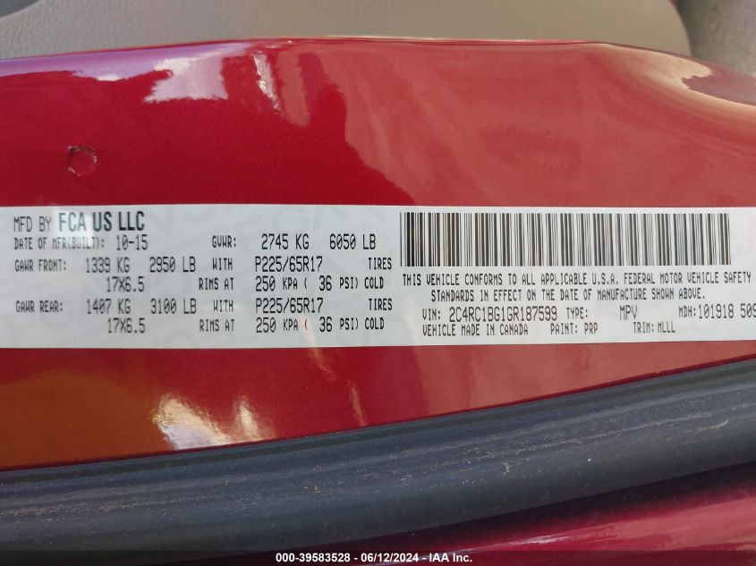 2016 Chrysler Town & Country Touring VIN: 2C4RC1BG1GR187599 Lot: 39583528