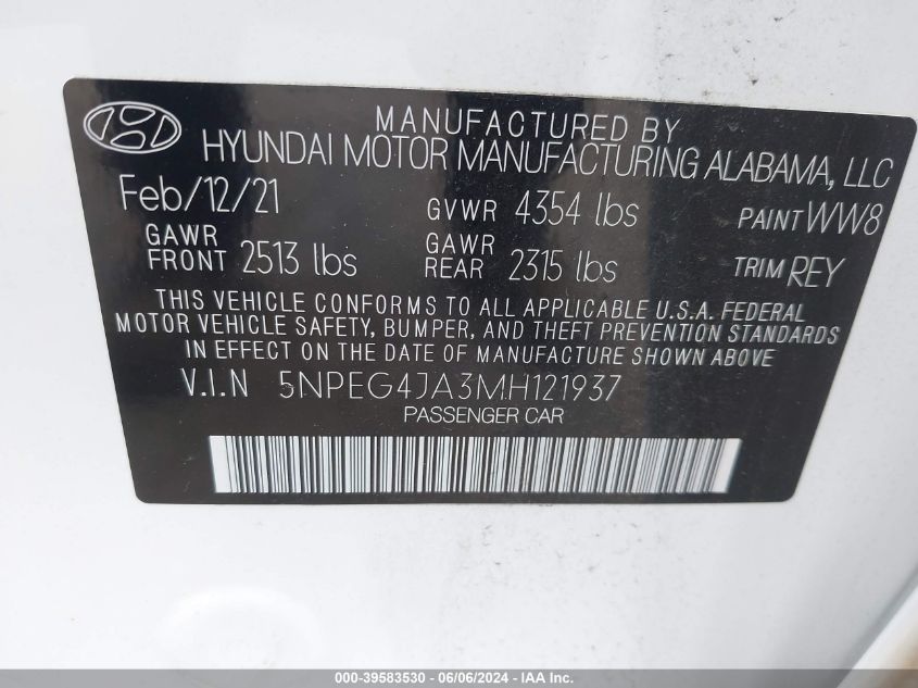 2021 Hyundai Sonata Se VIN: 5NPEG4JA3MH121937 Lot: 39583530