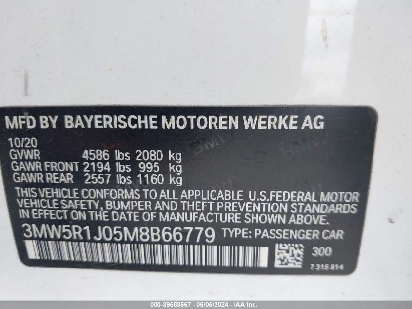 2021 BMW 330I VIN: 3MW5R1J05M8B66779 Lot: 39583567