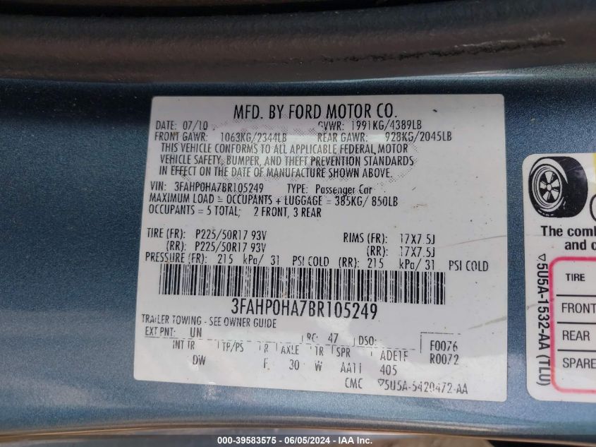 2011 Ford Fusion Se VIN: 3FAHP0HA7BR105249 Lot: 39583575