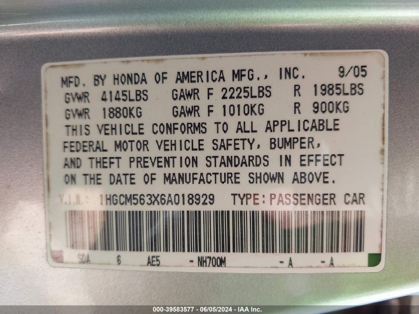 2006 Honda Accord 2.4 Se VIN: 1HGCM563X6A018929 Lot: 39583577