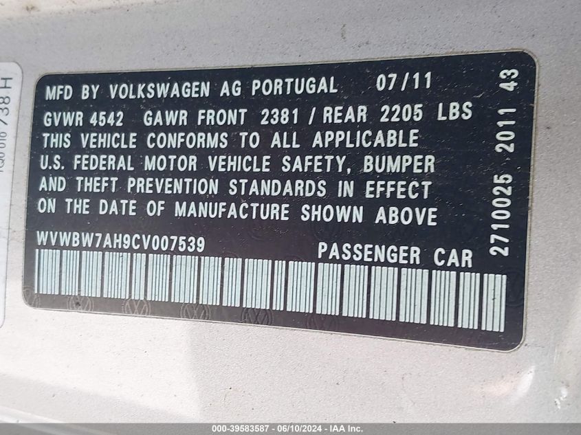 2012 Volkswagen Eos Komfort VIN: WVWBW7AH9CV007539 Lot: 39583587