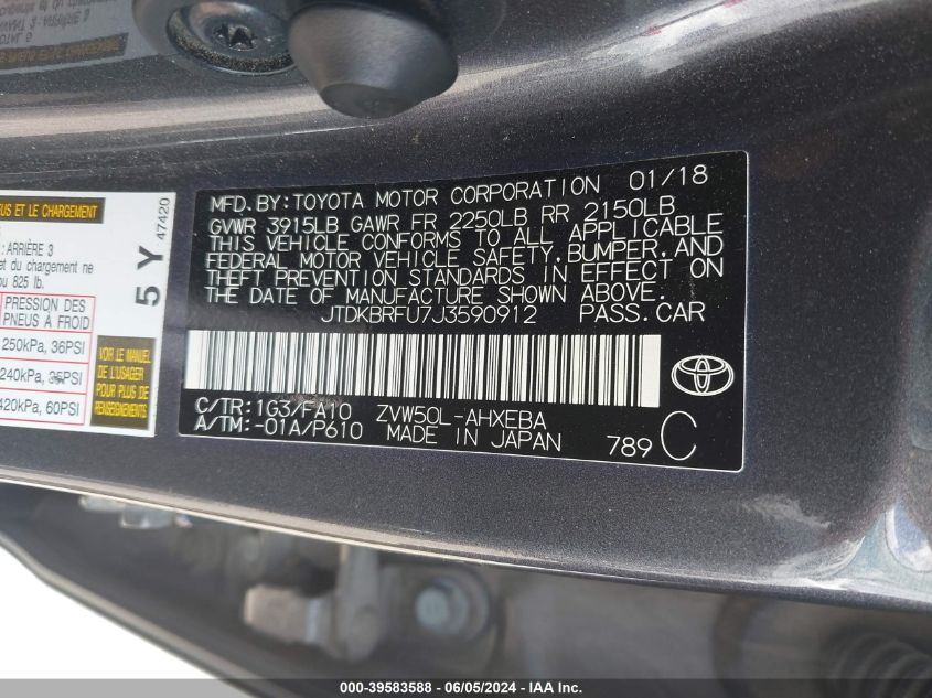 2018 Toyota Prius Two VIN: JTDKBRFU7J3590912 Lot: 39583588