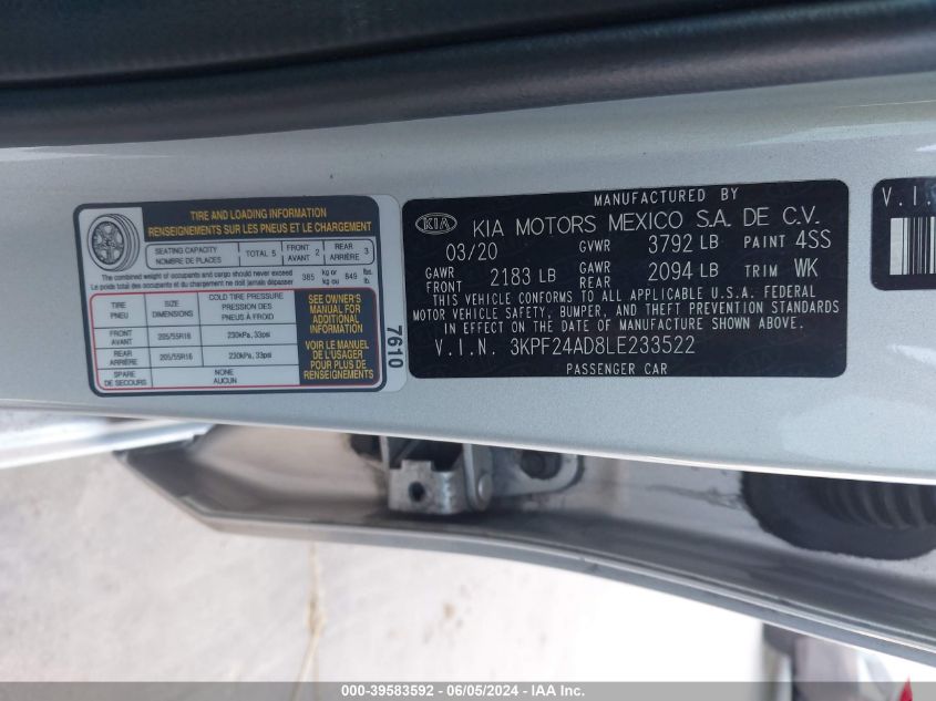2020 Kia Forte Lxs VIN: 3KPF24AD8LE233522 Lot: 39583592