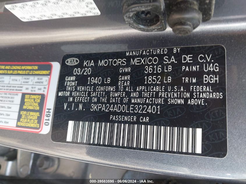 2020 Kia Rio S VIN: 3KPA24AD0LE322401 Lot: 39583595