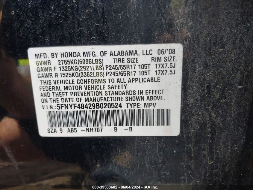 2009 Honda Pilot Ex VIN: 5FNYF48429B020524 Lot: 39583602