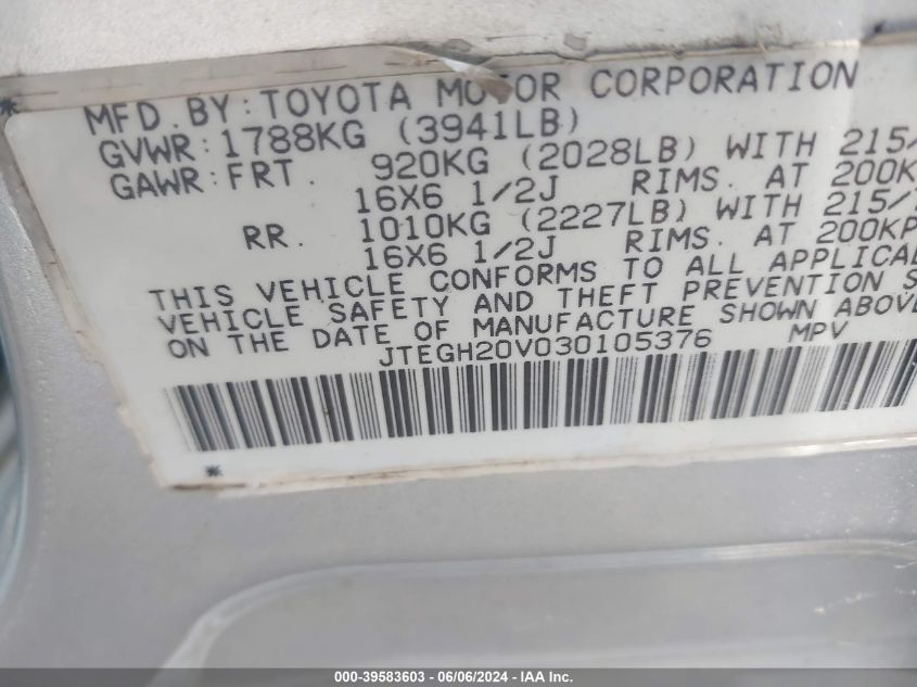 2003 Toyota Rav4 VIN: JTEGH20V030105376 Lot: 39583603