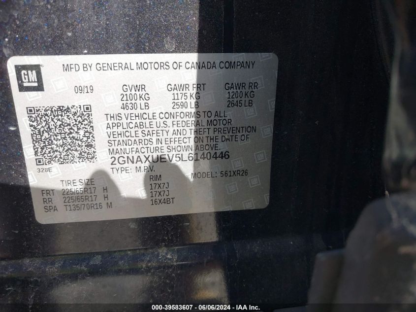 2020 Chevrolet Equinox Awd Lt 1.5L Turbo VIN: 2GNAXUEV5L6140446 Lot: 39583607