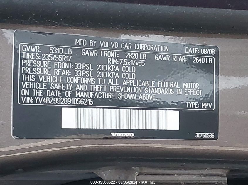 2009 Volvo Xc70 T6 VIN: YV4BZ992891056215 Lot: 39583622