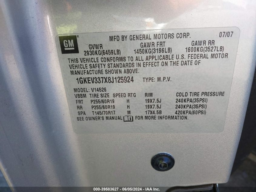 2008 GMC Acadia Slt-2 VIN: 1GKEV337X8J125924 Lot: 39583627