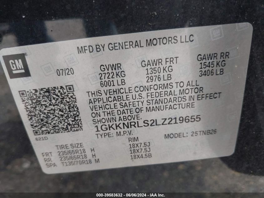 2020 GMC Acadia Fwd Sle VIN: 1GKKNRLS2LZ219655 Lot: 39583632