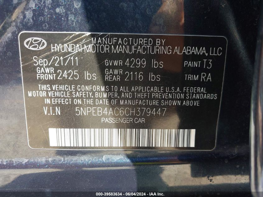 5NPEB4AC6CH379447 | 2012 HYUNDAI SONATA