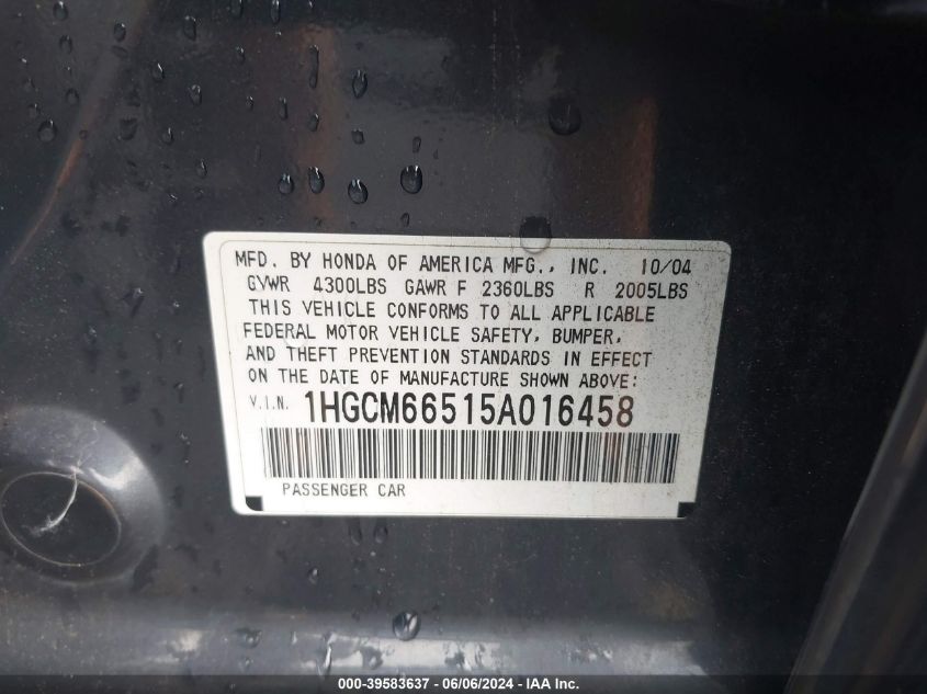 2005 Honda Accord 3.0 Ex VIN: 1HGCM66515A016458 Lot: 39583637