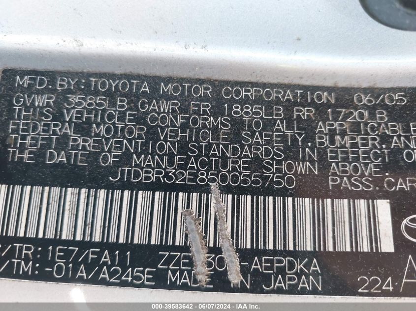 2005 Toyota Corolla Ce VIN: JTDBR32E850055750 Lot: 39583642