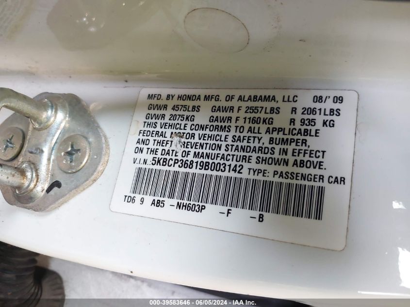 2009 Honda Accord 3.5 Ex-L VIN: 5KBCP36819B003142 Lot: 39583646