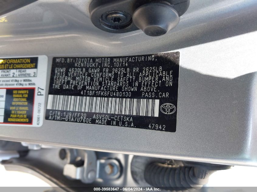 2015 Toyota Camry Se VIN: 4T1BF1FK6FU480130 Lot: 39583647