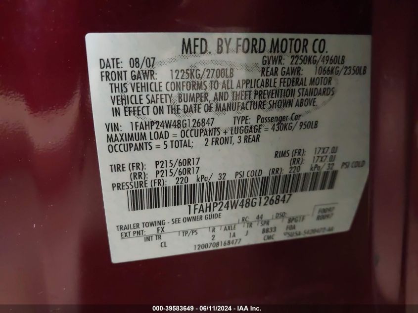 2008 Ford Taurus Sel VIN: 1FAHP24W48G126847 Lot: 39583649