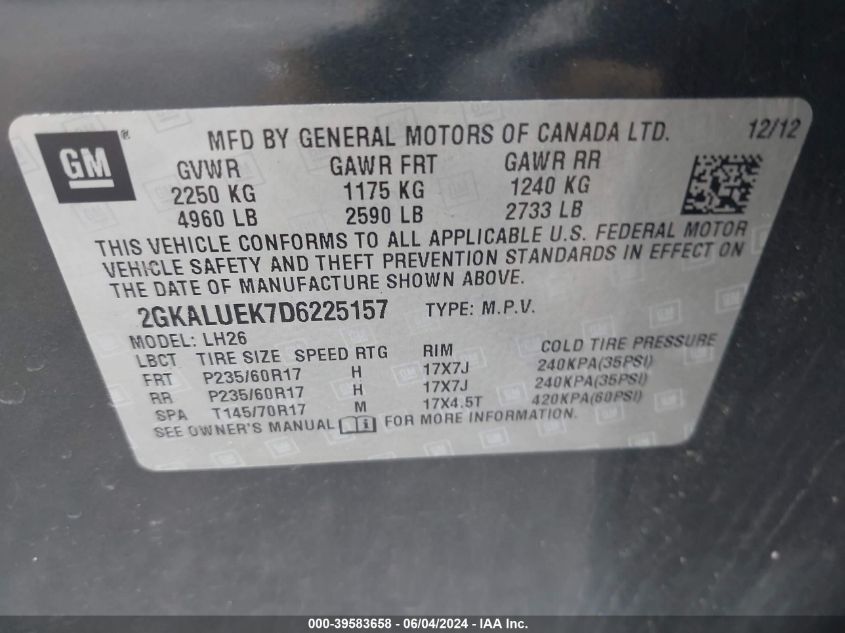 2013 GMC Terrain Slt-1 VIN: 2GKALUEK7D6225157 Lot: 39583658