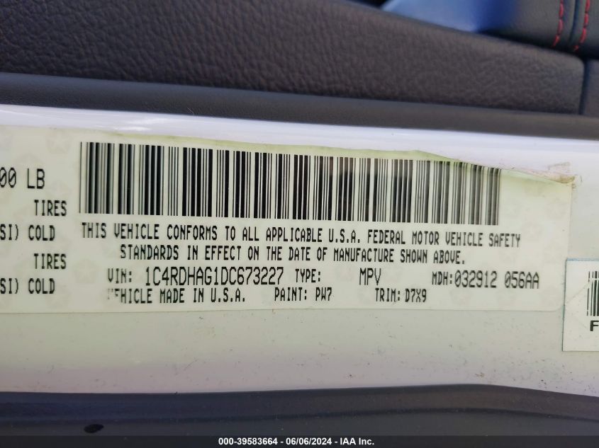 2013 Dodge Durango Sxt VIN: 1C4RDHAG1DC673227 Lot: 39583664