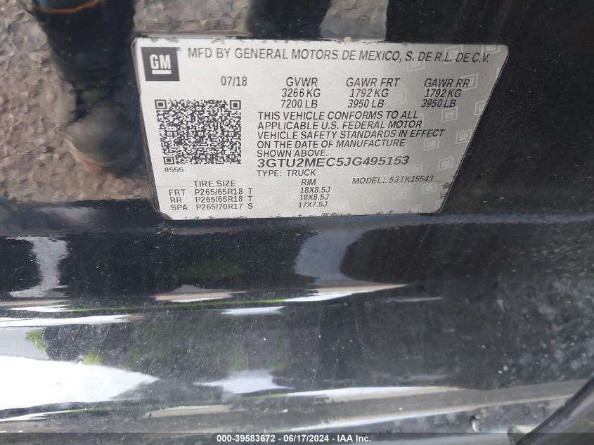 2018 GMC Sierra 1500 Sle VIN: 3GTU2MEC5JG495153 Lot: 39583672