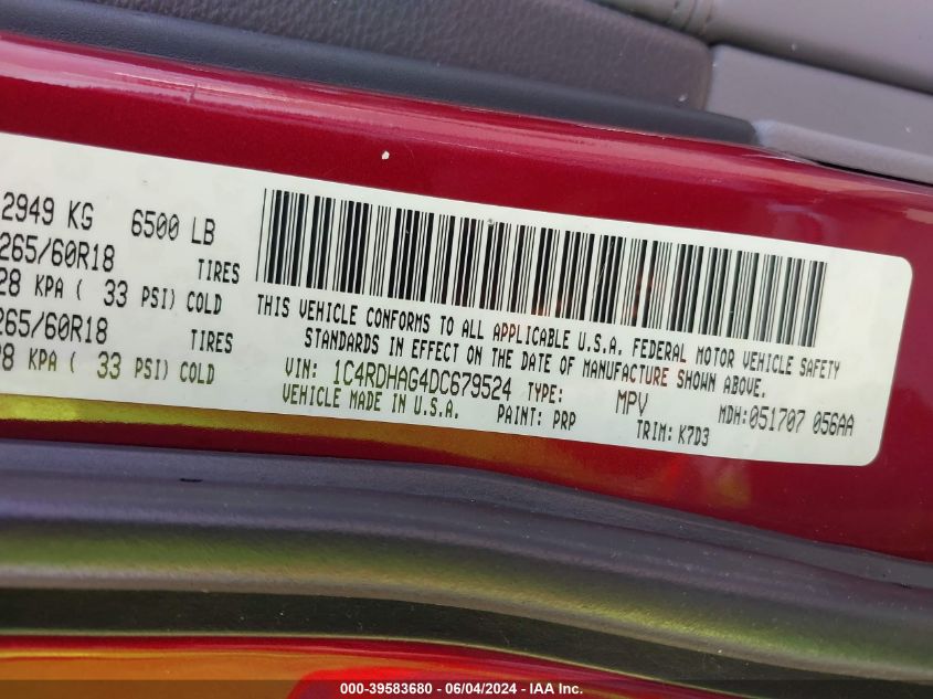 2013 Dodge Durango Sxt VIN: 1C4RDHAG4DC679524 Lot: 39583680
