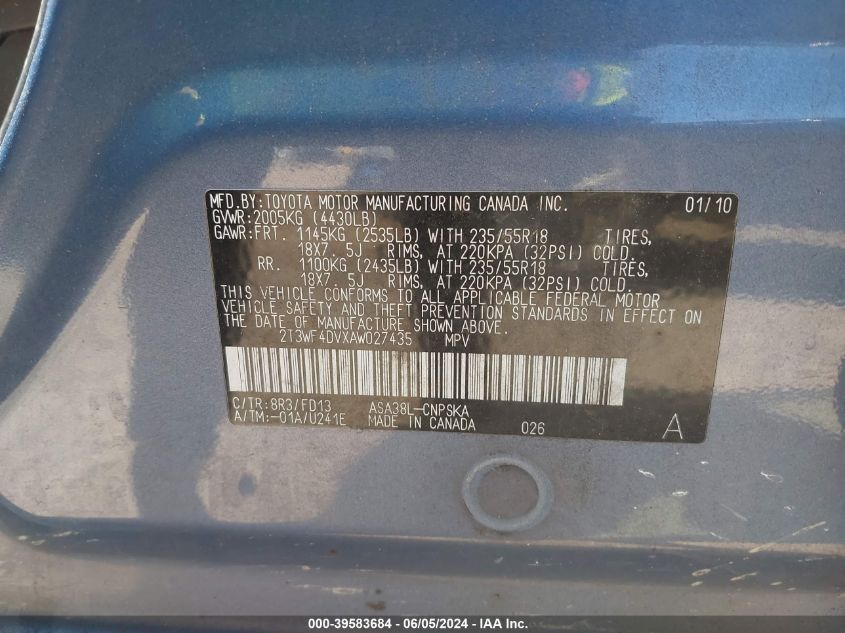 2010 Toyota Rav4 Sport VIN: 2T3WF4DVXAW027435 Lot: 39583684