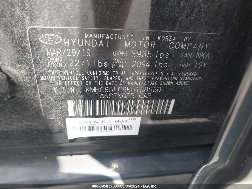 KMHC65LC8KU158530 2019 Hyundai Ioniq Hybrid Blue