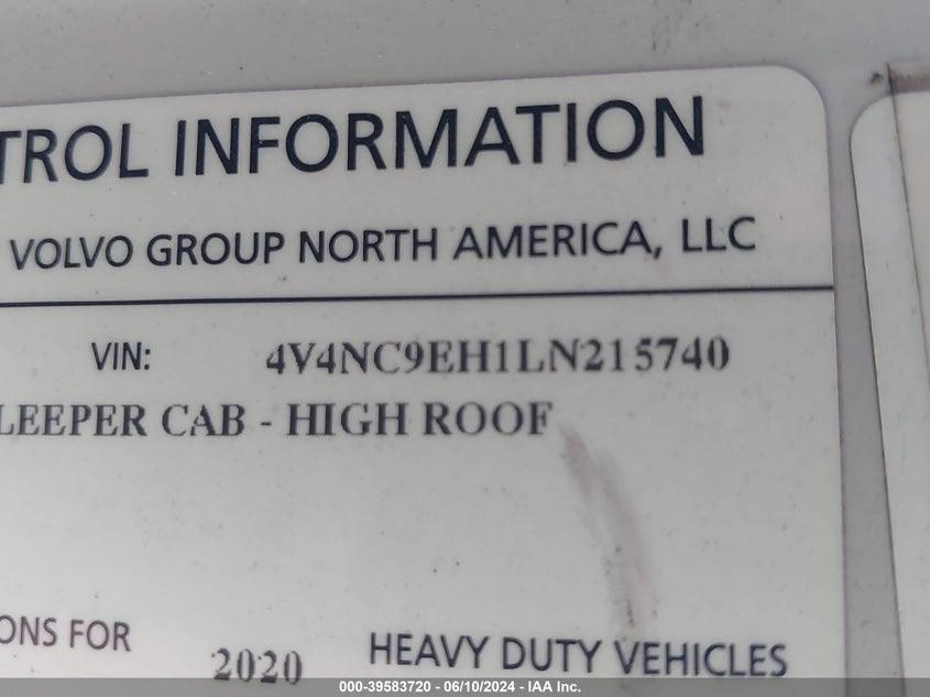 2020 Volvo Vnl VIN: 4V4NC9EH1LN215740 Lot: 39583720