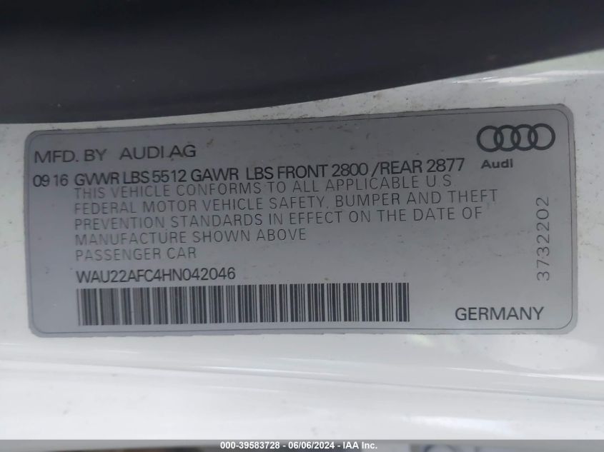 2017 Audi A7 3.0T Premium Plus VIN: WAU22AFC4HN042046 Lot: 39583728