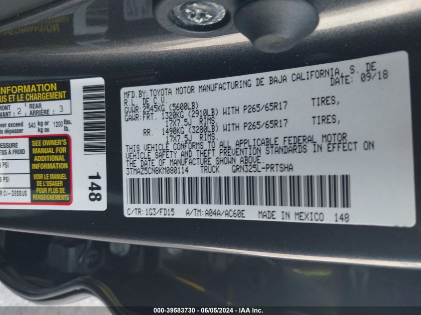 2019 Toyota Tacoma Trd Sport VIN: 3TMAZ5CN8KM080114 Lot: 39583730