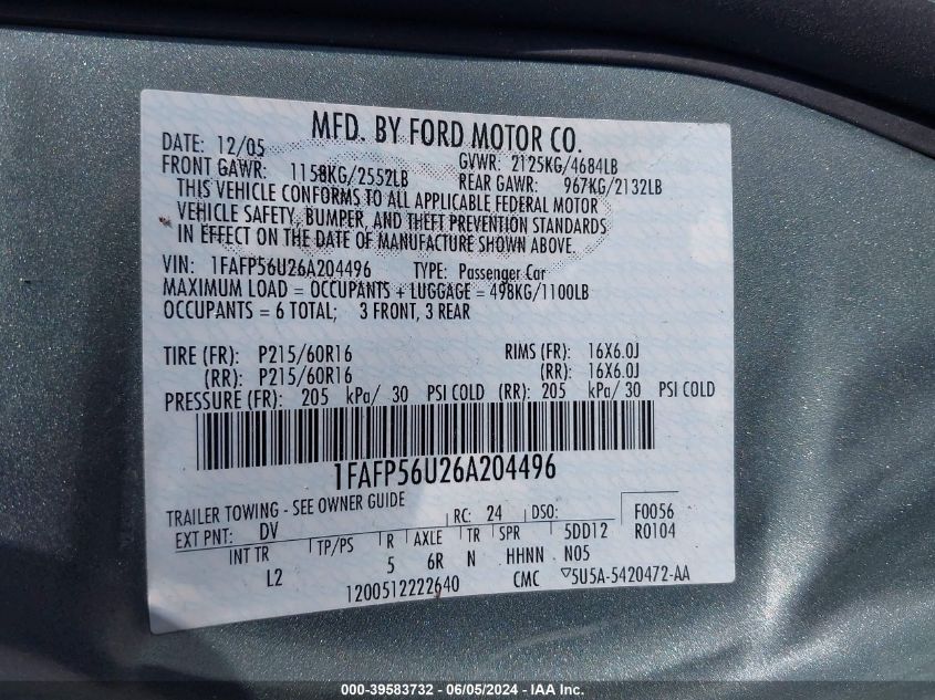 2006 Ford Taurus Sel VIN: 1FAFP56U26A204496 Lot: 39583732