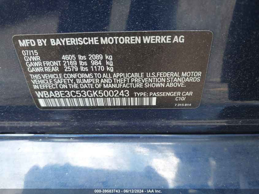 2016 BMW 328I xDrive VIN: WBA8E3C53GK500243 Lot: 39583743