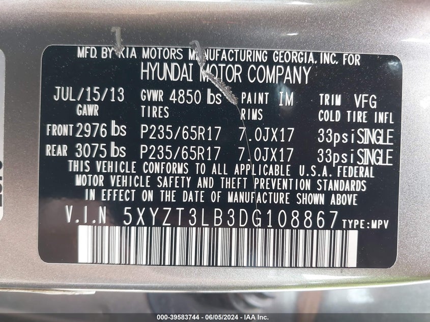 2013 Hyundai Santa Fe Sport VIN: 5XYZT3LB3DG108867 Lot: 39583744