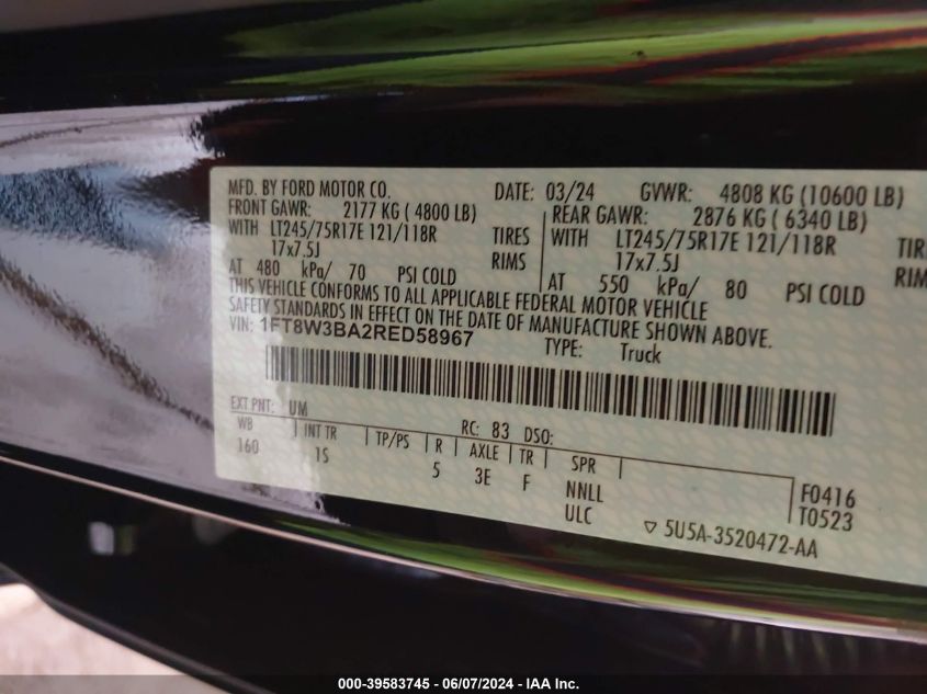 2024 Ford F-350 Xl/Xlt VIN: 1FT8W3BA3RED58967 Lot: 39583745