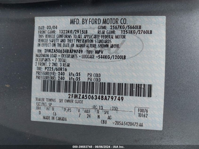 2004 Ford Freestar S VIN: 2FMZA50634BA79749 Lot: 39583748