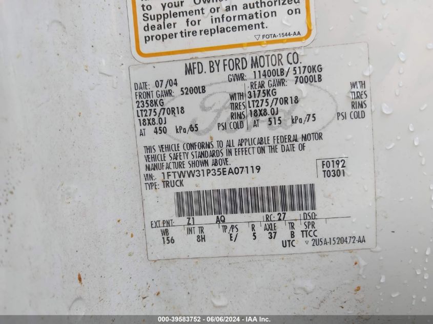 2005 Ford F-350 Lariat/Xl/Xlt VIN: 1FTWW31P35EA07119 Lot: 39583752