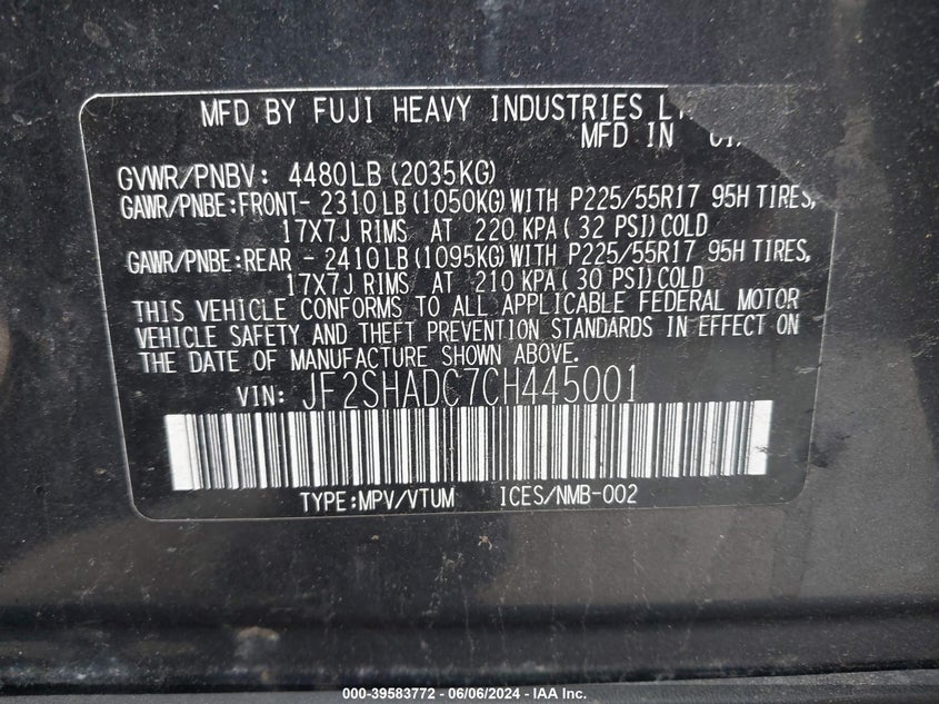 2012 Subaru Forester 2.5X Premium VIN: JF2SHADC7CH445001 Lot: 39583772