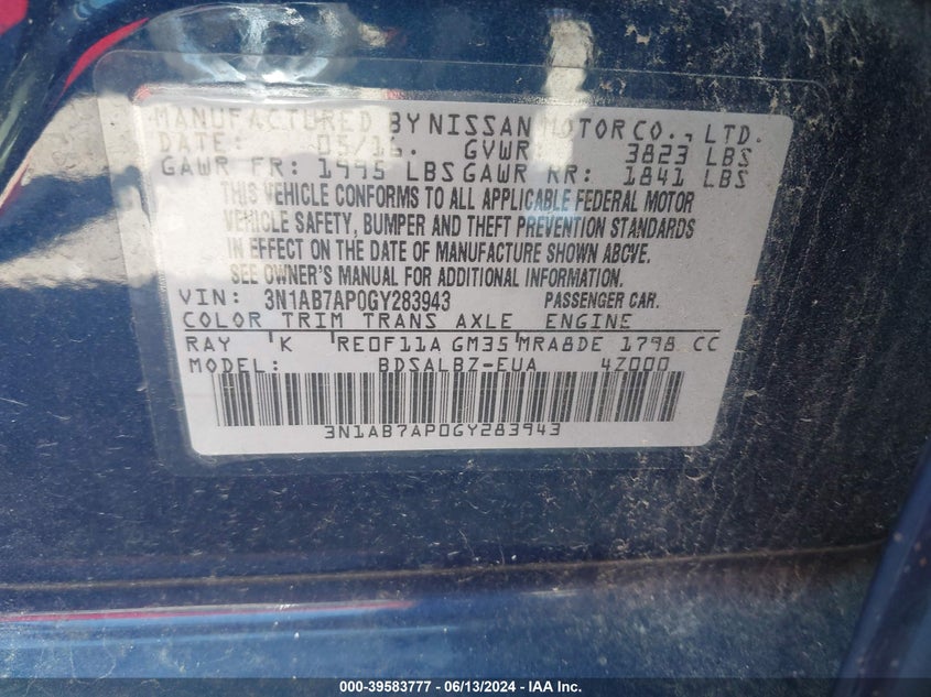 2016 Nissan Sentra S VIN: 3N1AB7AP0GY283943 Lot: 39583777