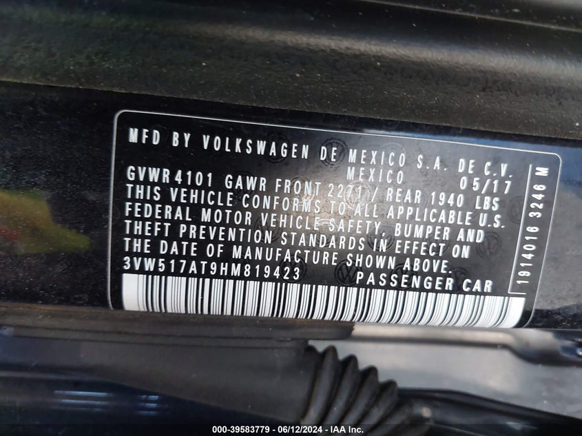 VIN 3VW517AT9HM819423 2017 VOLKSWAGEN BEETLE #PINKBEETLE/1.8T CLASSIC/1.8T S/1.8T SE/1.8T SEL