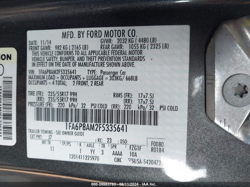 2015 Ford Mustang V6 VIN: 1FA6P8AM2F5335641 Lot: 39583783