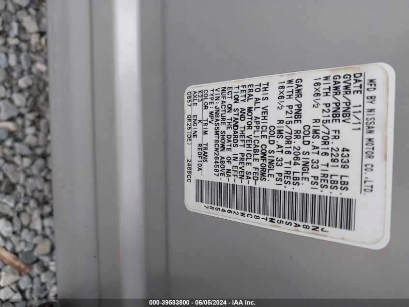 2012 Nissan Rogue S VIN: JN8AS5MT8CW264587 Lot: 39583800