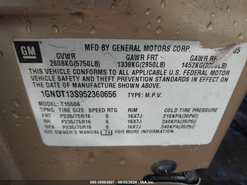 2005 Chevrolet Trailblazer Ls VIN: 1GNDT13S952360656 Lot: 39583807