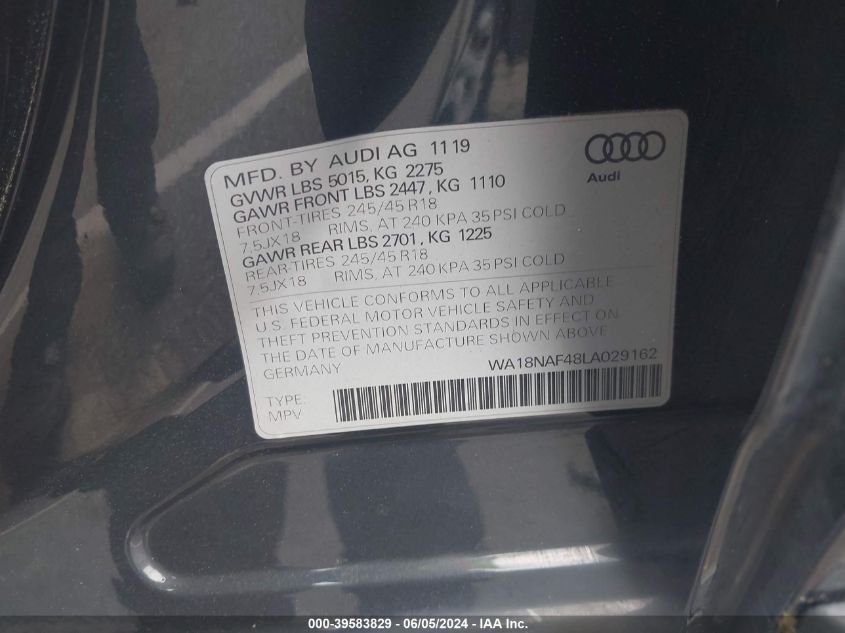 2020 Audi A4 Allroad Premium Plus 45 Tfsi Quattro S Tronic VIN: WA18NAF48LA029162 Lot: 39583829