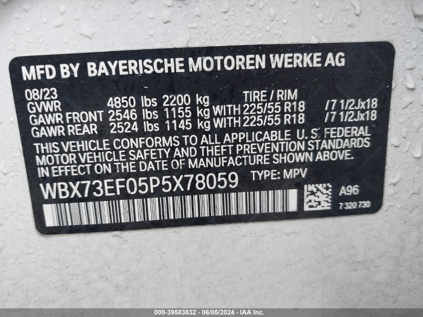 2023 BMW X1 xDrive28I VIN: WBX73EF05P5X78059 Lot: 39583832