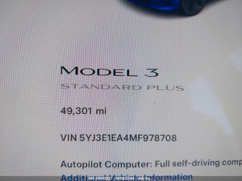 2021 Tesla Model 3 Standard Range Plus Rear-Wheel Drive VIN: 5YJ3E1EA4MF978708 Lot: 39583837