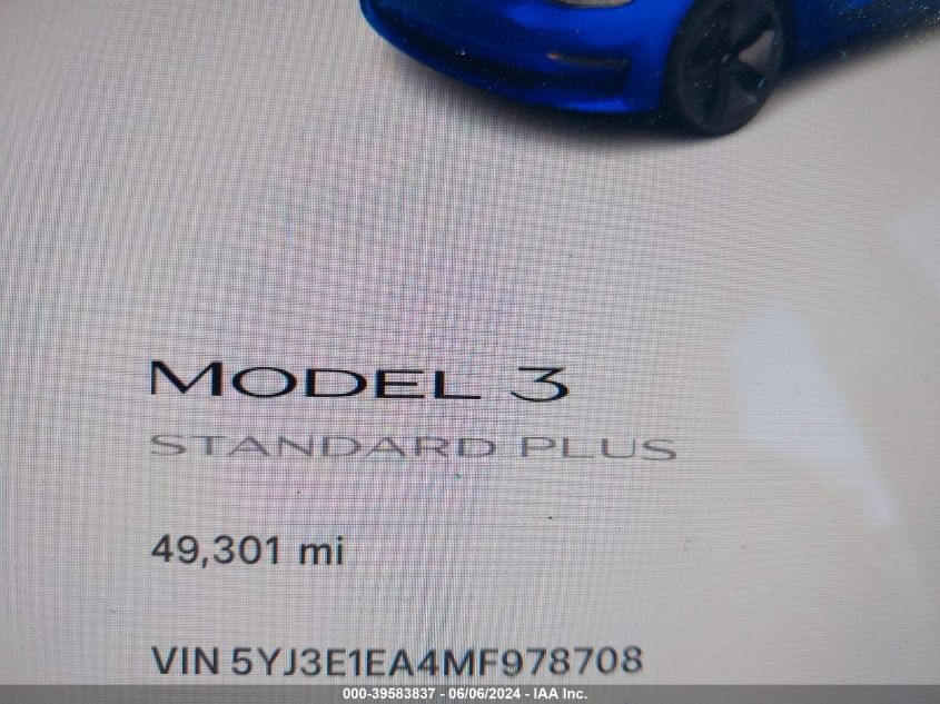 2021 Tesla Model 3 Standard Range Plus Rear-Wheel Drive VIN: 5YJ3E1EA4MF978708 Lot: 39583837